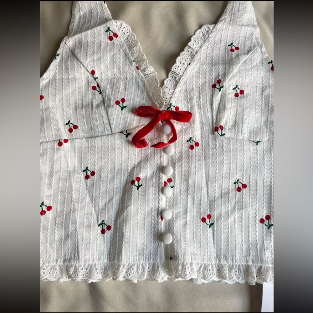 White Cherry Embroidered Top with Red Bow